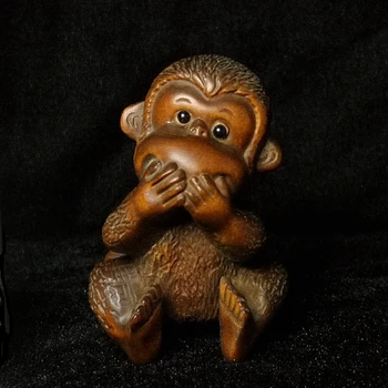 YIZHU CULTUER ARTE H 6,5 CM Chinês Buxo Mão Esculpida adorável macaco Animal Figura estátua decoração da mesa de Presente Coleção