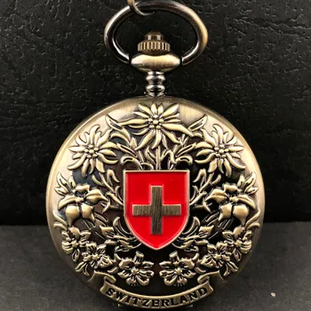 Bronze antigo Mecânico Relógio de Bolso Retro Cruz Vermelha Suíça Clássico de Bolso, Relógios de Homens e Mulheres de Aniversário Prática de Presente