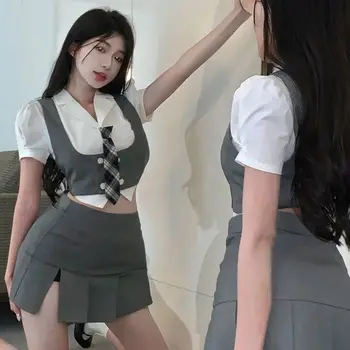 2023 verão novo estilo de colégio japão coreia bolha de manga de camisa + colete + short apertado saia sexy moda as mulheres jk conjunto uniforme g851