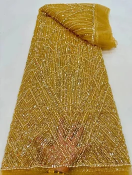 Frisada Lace Vestido de Casamento Fabric E Paetês Esferas de Malha Laço de Ouro de Luxo Tule Bordado 2023 Alta Qualidade Africano de Renda 5yards