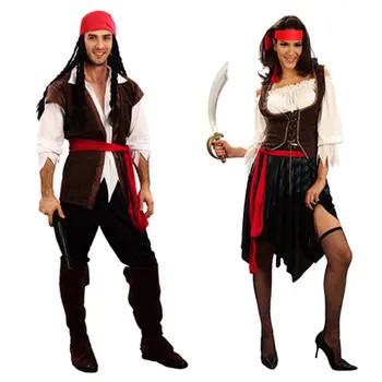 Halloween Festa de Carnaval Capitão Pirata Trajes Adultos do Vestido de Fantasia Cosplay para Mulheres, Homens, Casais