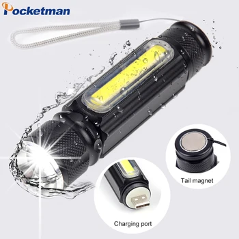 Adsorção com ímã Built-in Bateria de Lanterna LED Recarregável USB T6 Tocha do Lado do COB Luz de Lanterna Cauda Ímã Lâmpada de Trabalho