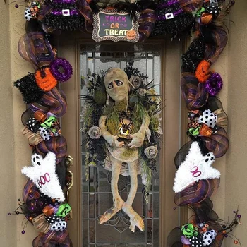 Halloween Múmia Coroa De Flores Interior Horror Pendurado Na Parede Porta Da Frente Bem-Vindo Sinal De Alpendre, Decorações Para A Casa De Halloween