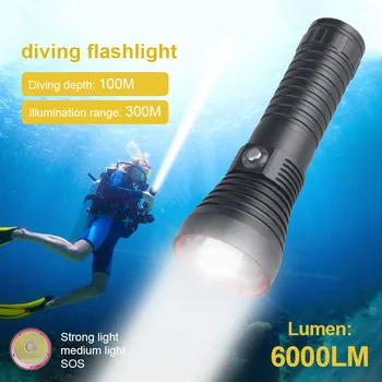 LED Mergulho Lanterna de Pesca Submarina Tocha 6000LM 26650 Impermeável Mergulho Lâmpada de Lanterna de Mergulho Lanterna Luz Branca Amarela