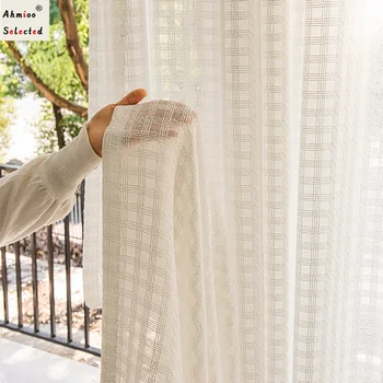 Moderna Pastoral Estilo de Grade Quadrada Cortinas para Sala de estar, Quarto Branco Cinza Segmento de Tecidos para cortinas Personalizadas Gaze de Rami