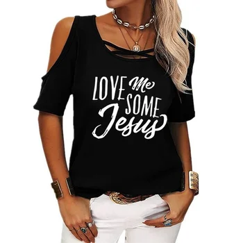 O Amor De Jesus Mangas Curtas Off Ombro De Impressão Mulheres De Verão Casual T-Shirt Menina 2022 Tee Camiseta Solta Superior T-Shirt