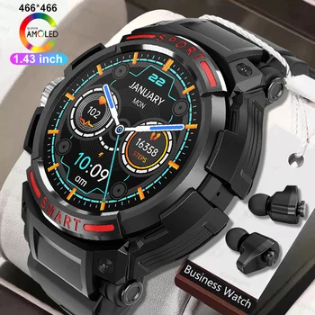 Novo Smart Watch 2 em 1 Com Fone de ouvido Bluetooth de 1,43 polegadas AMOLED BT Chamada NFC Smartwatch Música Esportes Relógios Para Huawei Apple 2023