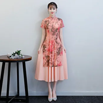 Aodai Cheongsam Verão 2022 Mulheres Novos para um melhor Chiffon Saia Garota Primavera de comprimento Médio Qipao Saia Vestido de Casamento Chinês