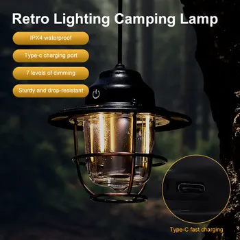 Retro Luz de Camping Barraca Impermeável Lanterna LED Lanterna Tocha Trabalho ao ar livre Luz de Carregamento USB Lâmpada de Emergência 7 Modos de Iluminação