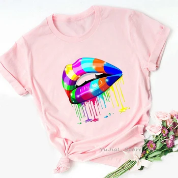 Aquarela Do Arco-Íris Lábios De Impressão Mulheres Camisetas Funny T-Shirt Cor-De-Rosa Femme Harajuku, Camisa De Hip Hop Legal Feminino T-Shirt De Streetwear