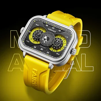 Exclusivo Corujas Duplo Fuso Horário Homens Relógio Multifuncional Luminosa Impermeável Relógios Quadrado Amarelo Pulseira De Silicone Relógio De Quartzo Homem Novo