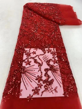 High-end feito a mão Frisada Lace Tecido Vermelho Bordado francês Lace Vestido de Noiva Bordado Aqua Tule Tecido de Lantejoulas Zx