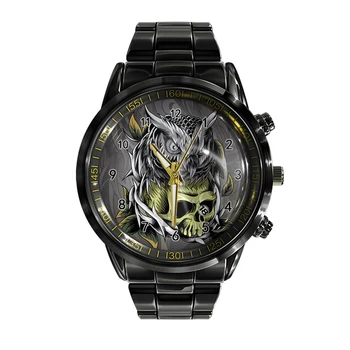 Novo calendário da moda correia de aço assistir cor preto e branco do crânio dos homens relógios de quartzo Relógio de Pulso de negócios