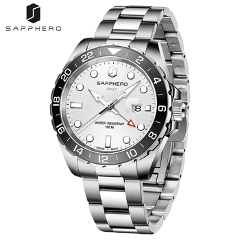 SAPPHERO Mens Watch Movimento de Quartzo Suíço 100M Impermeável Cinta de Aço Inoxidável Elegante Relógio Avançado GMT Relógios Reloj Hombre