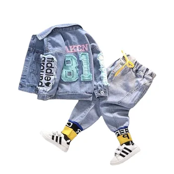 Vestuário De Moda Conjuntos Para O Menino De Jeans De Crianças Jaquetas Jeans Para A Primavera Outono 2023 Novo Turno De Retalhos Letras De Bordados Ternos