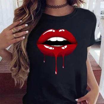 Maycaur Mulheres Boca Vermelha De Lábios Beijar Impresso T-Shirt Preta Camiseta De Moda Engraçado Leopard Gráfico T-Shirt Femme Harajuku T-Shirt Topo