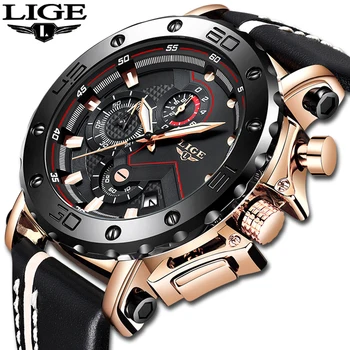 LIGE Moda Grande Dial de Couro Mens Relógios de Luxo Sport Impermeável Watch Homem Cronógrafo de Quartzo Relógios de pulso Montre Homme+Caixa