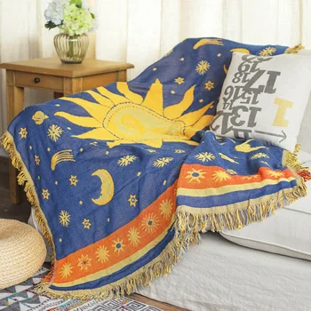 Sol, Lua, Céu Estrelado Vintage de algodão Grosso cobertor, tapete espesso de estilo rural Dupla face tampa de cama sofá toalha Tapeçaria de parede