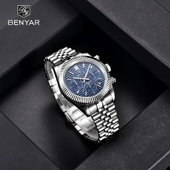 Benyar Design 2023 Nova Moda de Lazer dos Homens Relógio de Quartzo Sapphire Vidro, Aço Inoxidável, Impermeável Luminosa Cronógrafo, Relógio