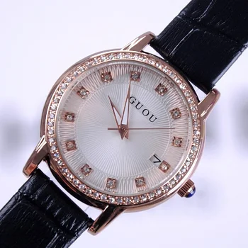 TOP 8113 Marca de Relógios de pulso de Quartzo Relógios de Alta qualidade para Mulheres de Relógios de Couro Genuíno Diamante Moda Sol Padrão Com Calendário