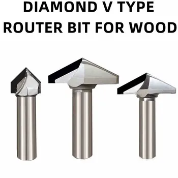 Ferramentas para madeira de Diamante V tipo MDF Bocados do Router 1/2 Haste PCD madeira do CNC fresa V Groove 3d carver Chanfro de ferramentas de torno 1PC