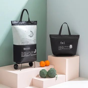 2023 Dobrável Shopping Bag duplo Rodas de Carrinho de Oxford Pequeno Puxar Mulheres Comprar Legumes Organizador Tug Pack
