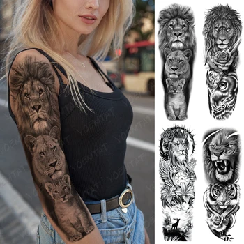 Impermeável Tatuagem Temporária Adesivos De Leão, Tigre, Leopardo Animal Flash Tatto Realistas De Arte No Corpo, Braço Grande Fake Tattoos Mulheres Homens