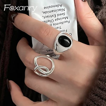 Foxanry Vintage, Punk Preto sobre zircão Anéis para as Mulheres de Casais de Novo da forma Simples Oco Geométricos feitos à mão Festa de Aniversário de Jóias