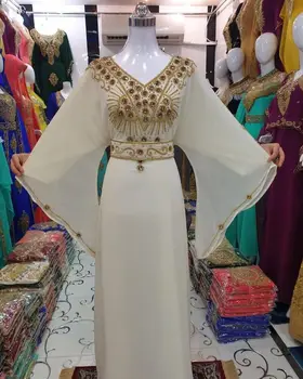 V-pescoço Decoração Bordados em Dubai Kaftans Farasha Abaya Vestido Muito elegante Vestido Longo