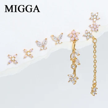 MIGGA 6pcs cor-de-Rosa Zircônia Cristal Borboleta Flor Dangle Brincos de Definir Cor de Ouro Tendência das Mulheres de Jóias