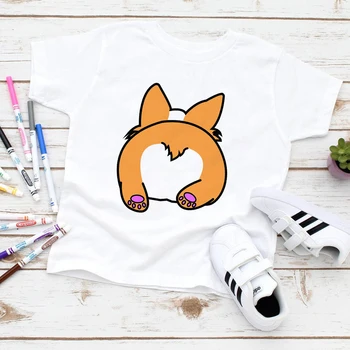 Engraçado Corgi Bunda de Impressão Roupas infantis Animal Bonito Cartoon Moda Bebê Menino de Camiseta de Manga Curta Rua Casual T-shirts