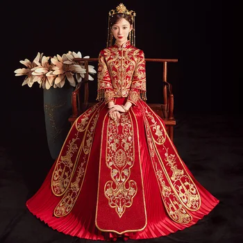 Mulheres Tradicionais Hanfu Phoenix Vermelho Bordado Cheongsam Chinês do estilo do Vestido de Casamento de Alta Qualidade Antigo Traje