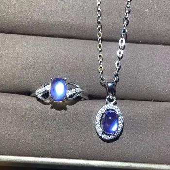 Natural blue moonstone conjunto, cristal limpo, anel, colar, as mulheres do desgaste do partido deve ter jóias, 925 prata esterlina