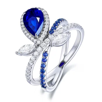 2.29 ct Laboratório Certificado Crescido Safira Diamante Casamento 9k de Ouro maciço Forma de Pêra Anéis Para as Mulheres
