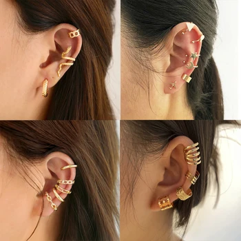Cor de Ouro Vintage Clipe de Brincos de Cristal Conjunto Não-Piercing Ear Cuff Orelha Studs Oco Brincos para Mulheres, Moda Jóias por Atacado