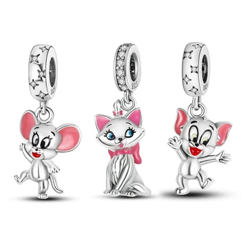 925 Prata Esterlina se Encaixa Original Pandora Pulseira cor-de-rosa Bonito orelhas de gato&rato pouco do Encanto azul Esferas Mulher Jóia de Presente