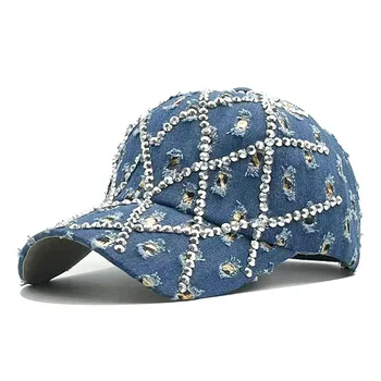 Chapéu de Mulheres Quebrado Buraco de pedra de Strass de Jeans, boné de Beisebol coreano Moda Padrão de Leopardo Prato Ajustável chapéu de Sol