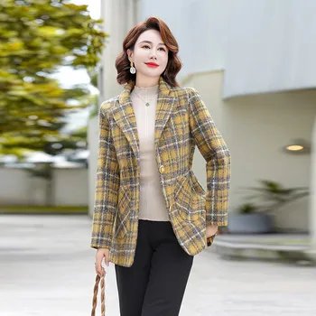 Outono e Inverno Nova Roupa das Mulheres Terno de lã casaco Xadrez Mulheres de meia-Idade DO Blazers Casaco