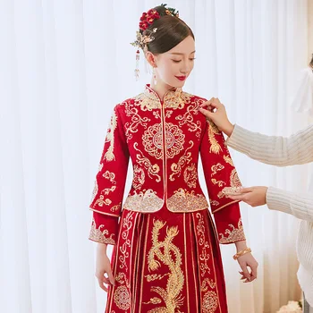 O Estilo Oriental Qipao Roupas 2022 Moderno Phoenix Vermelho Bordado Cheongsam Chinês Tradicional Vestido De Noiva