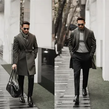 Clássico De Inverno De Lã Homens Casaco Bonito Blazer De Abotoamento Duplo Com Cinto Feito De Streetwear Diário Casual