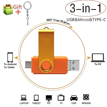 3IN1 OTG USB Flash Drives de 2 tb 1 TB de 128 gb Micro e TIPO-C&USB 256GB de 64GB 32GB de Memória Mini alto-capacidade de 1000 GB do Disco de U Para o telefone esperto