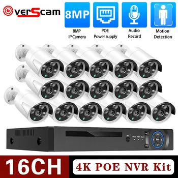 H. 265 16CH de 8MP 4K POE NVR do Sistema de CFTV 16Ports de 8MP Câmera Impermeável Exterior de Áudio do Microfone da Câmera de Vídeo CFTV Kit de Vigilância