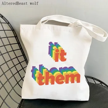 Moda das Mulheres Shopper bag Queer arco-íris-Lo-os pronomes de Compras de Lona Shopper Bag girl bolsa Tote Ombro Senhora de Saco de