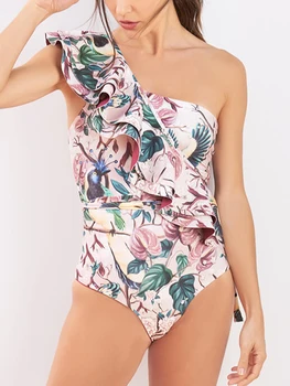 Um Ombro Delicado Tankini para a Menina Nova moda praia Feminina estampa Floral 1 Maiô Mulheres Flor Grande Laço de roupas de Praia