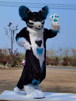 O Traje Da Mascote Huksy Cão Fursuit Adolescente Fantasias De Criança Completo Peludos Terno Dobrado Pernas Anjo Dragão Preto Azul Branco Fox Lobo Cosplay