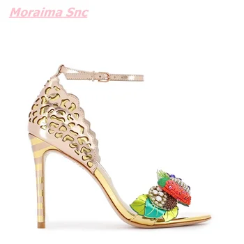 2022 Verão Diamante Mulheres Sandálias da Moda Fino Salto Alto Doce 3D Frutas da Decoração do Enrolamento de Dedo do pé Aberto Conforto Vestido de Casamento Sapatos