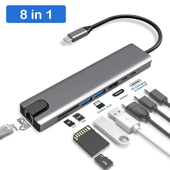 8 em 1 USB Tipo C HUB Para 2 HDMI compatível com Monitor Duplo com Gigabit RJ45 do CONCENTRADOR USB PD de 3,5 mm cartão de memória SD/TF USB-C de Transmissão de Dados, Adaptador