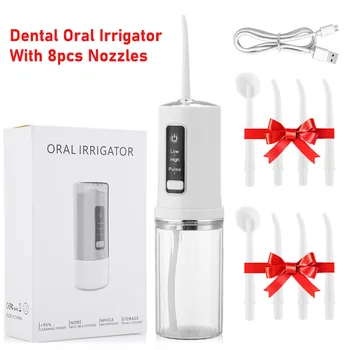 Dental portátil Oral Irrigador de Água Flosser Jet Com 8pcs Bicos Recarregável USB Scaler palito de Dente os Dentes mais Para Viajar