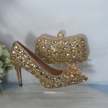 2021 dourado de cristal de casamento sapatos com o mesmo saco de pontas de pedra de strass salto alto pulseira de tornozelo senhoras de vestido de festa de sapatos