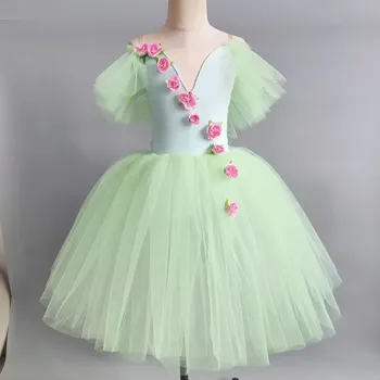Romântico Tutu Giselle Trajes de Balé de Meninas Filho de Tule Verde Patinação Vestido de Bailarina Bolha de Manga Curta Lace-up Vestido de Verão